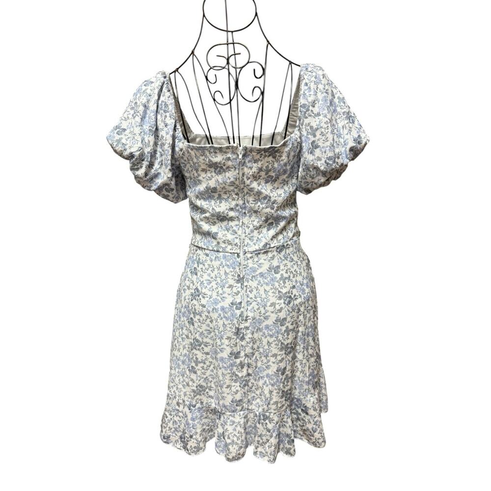Trixxi Cream and Light Blue Puff-Sleeve Wrap Floral Mini Dress Small - Picture 7 of 9